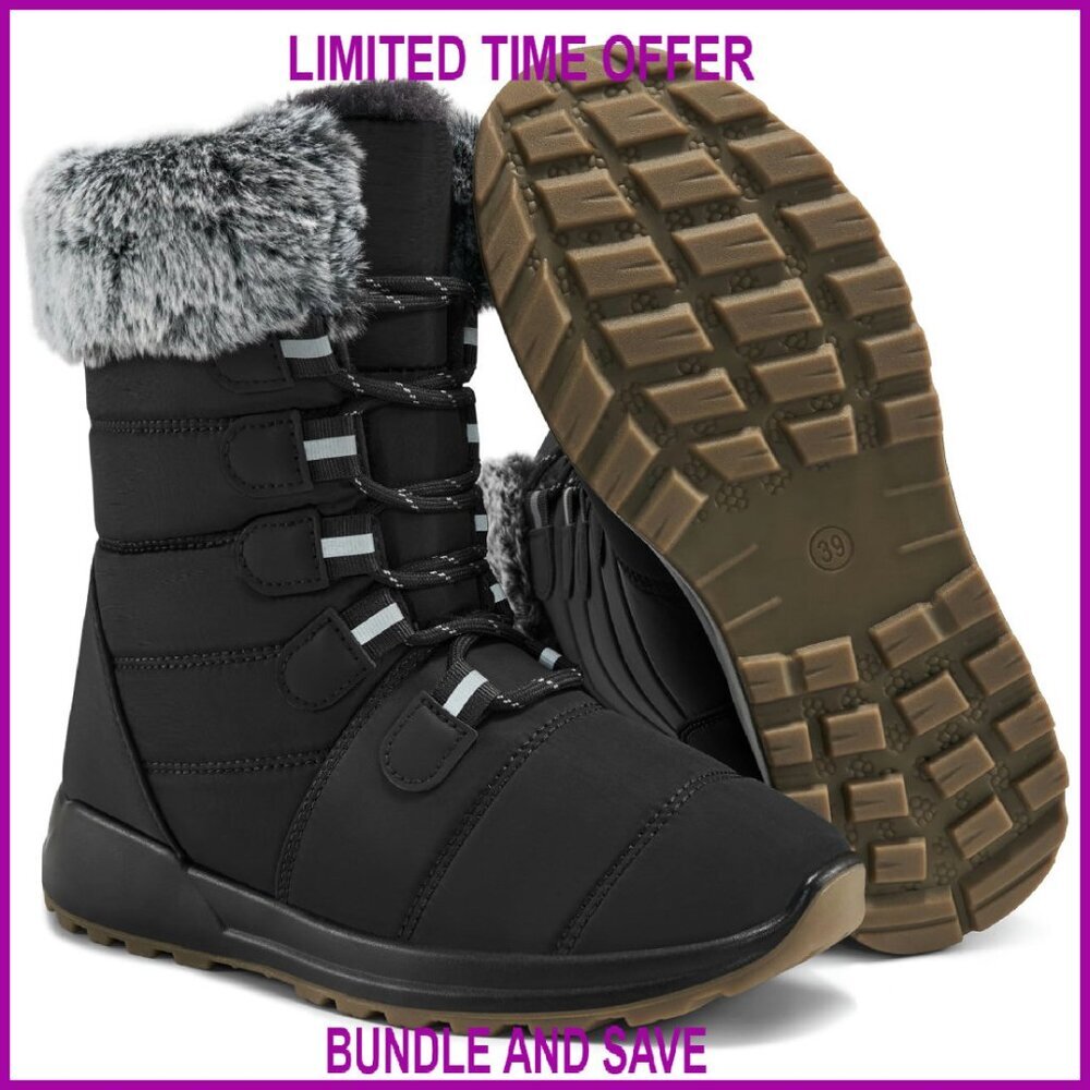 Waterproof Mid Calf Winter Snow Boots with Faux Fur Lined Warm Walking Shoes